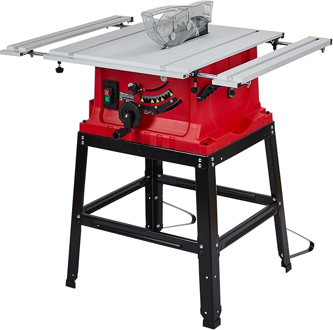 Table Saw, 10 in 15A Multifunctional Saw With Stand & Push Stick, 90° Cross Cut & 0-45° Bevel Cut, 5000RPM, Adjustable Blade Height for Woodworking, Red