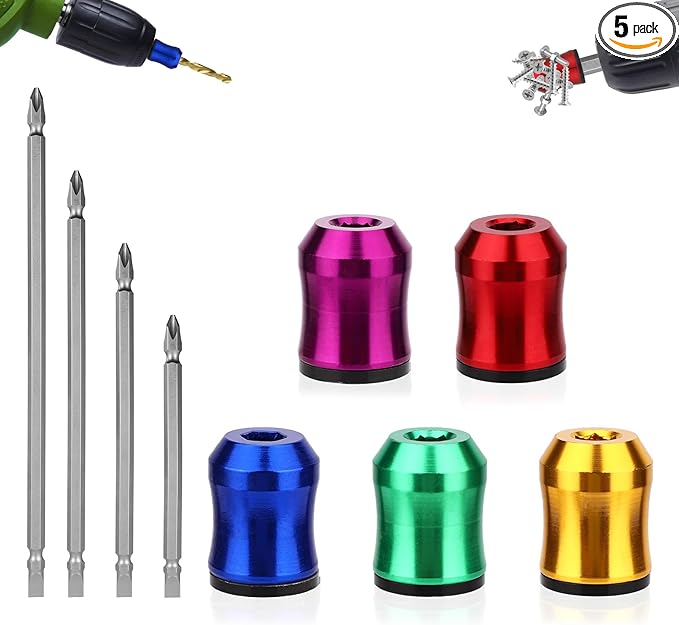5pcs Strong Magnetic Screw Rings, Screwdriver Magnetic Rings with Non-Slip Design with 4 Double-Ended Screwdriver Bits for Drill Tools Woodworking Home Repairs and DIY Maintenance