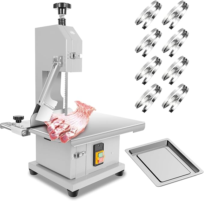 1500W Electric Meat Band Saw, Stainless Steel Tabletop Electric Cutting Machine with 8 Saw Blades, 0.04-4.3 Inch Cutting Thickness, 20x15 in Table Sawing for Chicken Fish Trotter Beef (1500W)
