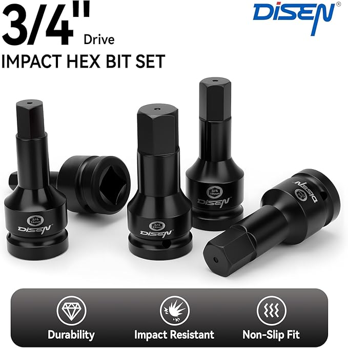 DISEN 3/4 Inch Drive Impact Hex Driver Set, 5-Piece, Metric, 14mm, 17mm, 19mm, 22mm, 24mm, CR-MO Steel, Professional Mechanic Repair 3/4??Hex Socket Set