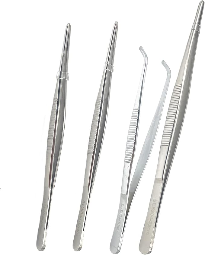4Pcs 304 Stainless Steel Tweezers，6" 7" 8" 10" Tweezers with Precision Serrated Tips, Non-slip Multitool Tweezer for Jewelry Hobby Crafts Cooking Industrial Electronic Tweezers Tools