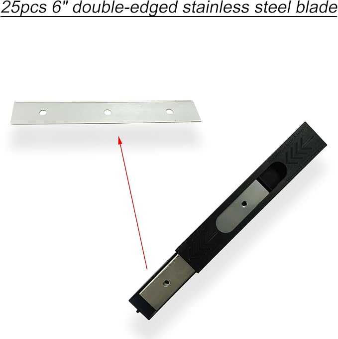 6 inch Razor Blade Scraper with 25Pcs Double-Edged Stainless Steel Blades for Removing Labels,Decals,Stickers,adhesive,Caulk,Paint from Glass,Stove Top,Window,Walls,Mirror,Tile