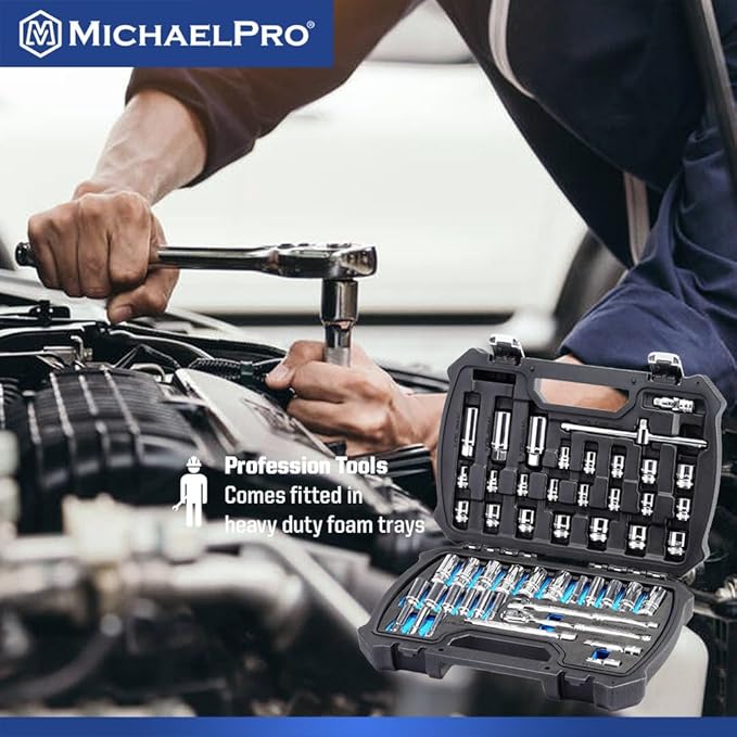MichaelPro 50-Piece 3/8'' Dr. Socket Set, 90-Tooth Standard & Deep Sockets, SAE 3/8''- 13/16'' & Metric 8-22mm, with Extensions, 8'' Flex Handle, Sliding T-Bar, Universal Joint, CR-V Steel | MP005060