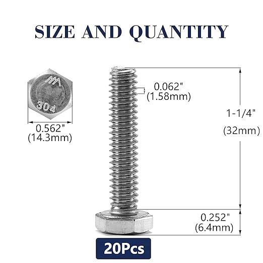 3/8-16 x 1-1/4" Hex Head Screw Bolt, 20Pcs 18-8 (304) Stainless Steel, Fully Threaded, Plain Finish, by SG TZH