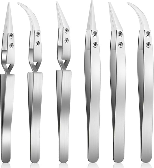 6 Pcs Precision Reverse Ceramic Tweezers Set, Non-Conductive Heat-resistant Electronics Soldering Tweezers Anti-Magnetic Pointed & Curved Tips Tweezers for Solder, Pinching Coils (Silver)