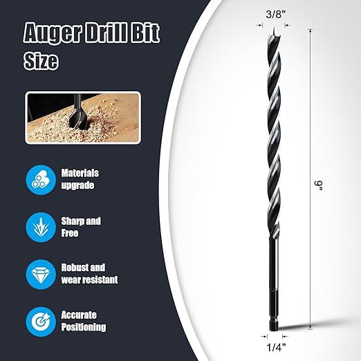 3/8'' x 9'' Auger Drill Bit for Wood, Hex Shank Tri Flute Ship Auger Long Drill Bit for Soft and Hard Wood,Tree Stump,Plastic,Drywall and Composite Materials