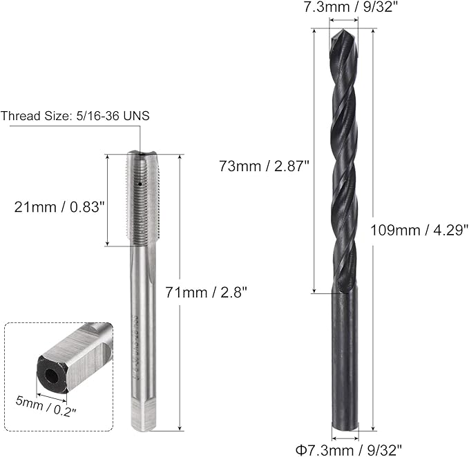 uxcell Tap and Drill Bit Set, 5/16-36 UNS Thread Tap & 9/32" Black Oxide Twist Drill Bit, Straight Flute Tap Tapping Threading Repair Tool Kit
