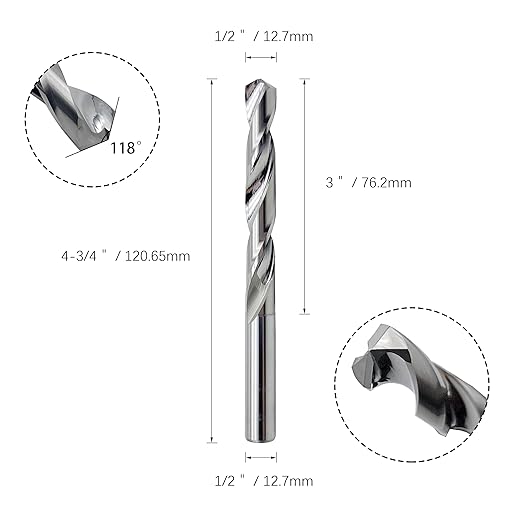 1/2" Solid Carbide Jobber Drill Bits with Straight Shank and 118째 Point Angle, Made from Tungsten Carbide Material,1-Pieces