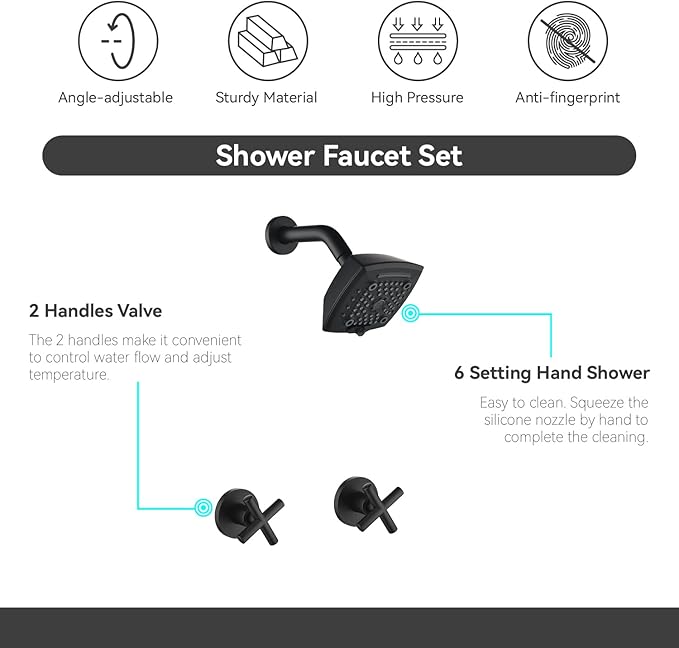 2 Handle Shower Faucet Set 6-Spray Shower Head and Handle Set Shower Trim Kit with Rough-in Valve Bathroom Shower Faucet Valve Trim Kit Matte Black