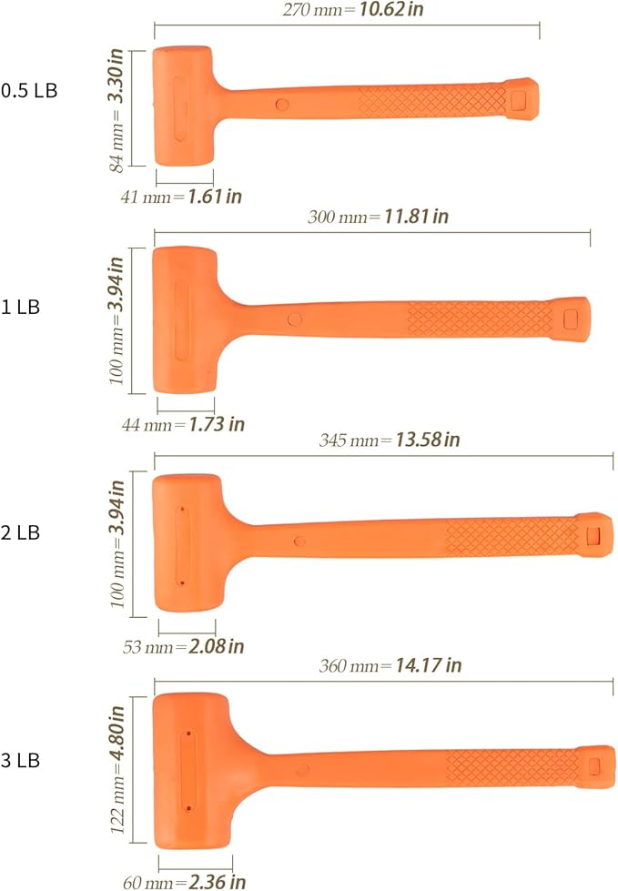 4 PCS 1/2,1,2,3 lb Dead Blow Hammers, Spark and Rebound-Resistant Rubber Mallet with Non-Slip Grip, Non-Marring Design