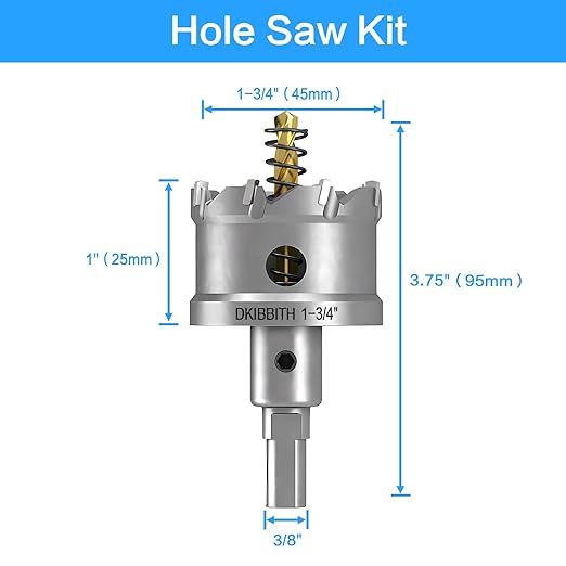 DKIBBITH TCT Hole Saw, 1-3/4"(45mm) Heavy Duty Tungsten Carbide Tipped Hole Cutters for Stainless Steel, Copper, Iron, Brass, Plastic with Titanium-Plated Pilot Drill Bits.