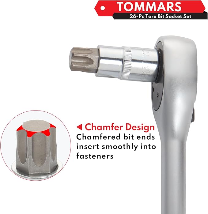 TOMMARS 26-PC Torx Socket Set, Torx Star Tamper Proof Security Bit Socket Set 1/4", 3/8", 1/2" Drive T Sockets T10-T70 & TT10-TT70, S2 Alloy Steel