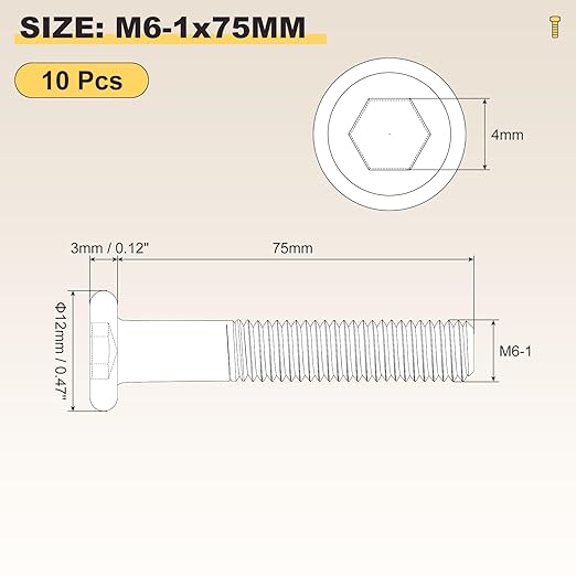 METALLIXITY Flat Head Hex Socket Cap Screws Bolts(M6-1x75) 10Pcs, Steel Hex Socket Furniture Bolts Screws - for Furniture Woodworking Project, Yellow