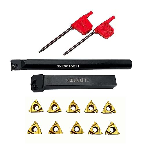 GBJ Lathe Threading Tool External + Internal Threading Holder SER 1010H11+ SNR 0010K11 Threading Holder with 11ER AG60 11IR AG60 Threading Inserts (SER1010H11+SNR0010K11+11ER A60+11IR A60 (Gold))