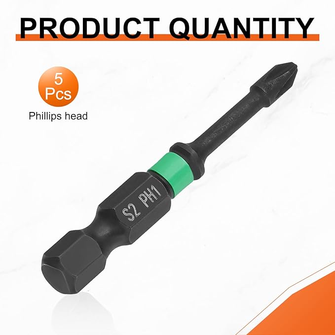 HARFINGTON 5pcs #1 Impact Phillips Screwdriver Bit PH1 1/4" Hex Shank 2" (50mm) Length 0.12" Rod Magnetic Cross Head Drill Bits S2 Steel Industrial Screw Drivers for Impact Power Tools