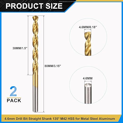 PATIKIL 4.6mm Drill Bit, M42 8% Cobalt High-Speed Steel Jobber Straight Shank 135° Titanium Nitride (TiN) Coated for Hard Metal Stainless Steel - 2 Pack