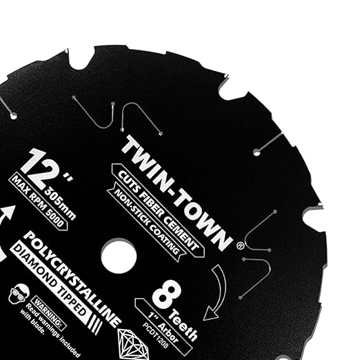 TWIN-TOWN 12 Inch 8 Tooth Polycrystalline Diamond Tipped (PCD) Hardie Fiber Cement Saw Blade with 1 Inch Arbor