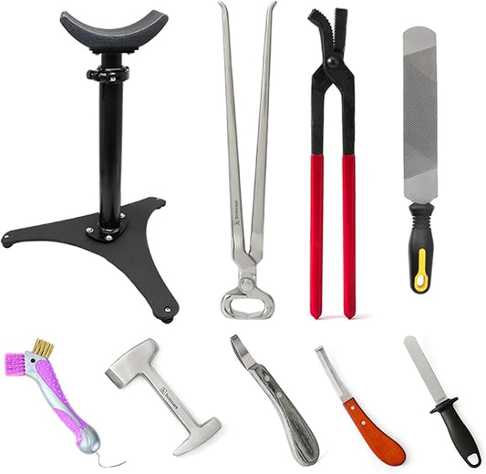 9PCS Farrier Tools Kit for Horses ??Hoof Trimming Set with Hoof Stand, Hoof Nipper, Hoof Pick, Hoof Knife, Rasp File, Clinch Cutter, Horseshoe Pliers & Sharpener for Farriers Horse Owners