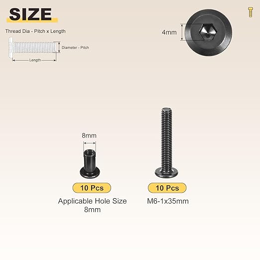METALLIXITY Furniture Crib Screws Replacement Set(M6-1x35mm) 20Pcs, Connector Bolts M6 Screw Barrel Nuts Binding Screws, for Chair Cabinet Bed, Black