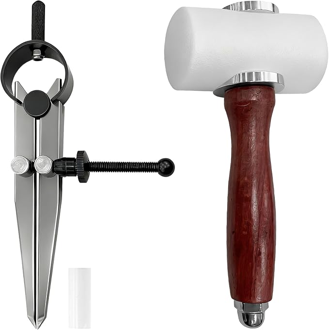 Leather Carving Hammer Mallet Wood Handle - 2PCS Set (Hammer + Compass), Durable, Easy Grip, Ideal for Leathercraft/DIY Stamping, Perfect for Leather Enthusiasts/DIY Crafters