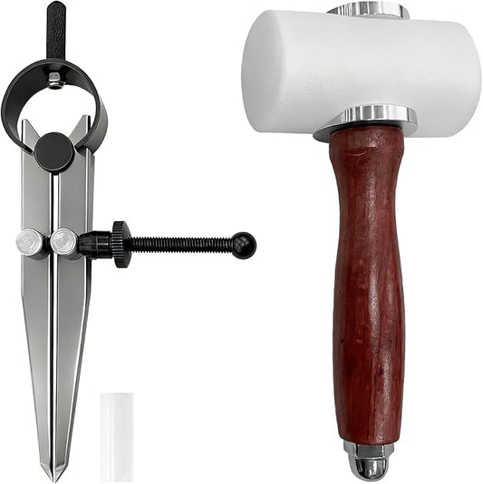 Leather Carving Hammer Mallet Wood Handle - 2PCS Set (Hammer + Compass), Durable, Easy Grip, Ideal for Leathercraft/DIY Stamping, Perfect for Leather Enthusiasts/DIY Crafters