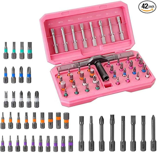 Magnetic Screwdriver Set, 42 in 1 Ratchet Screwdriver Set, Multi Bit Magnetic Drive with Ratchet Handle, Portable Compact Repair Tool Kit for Electronics, Computer, Bike Repairs, Furniture, DIY(Pink)