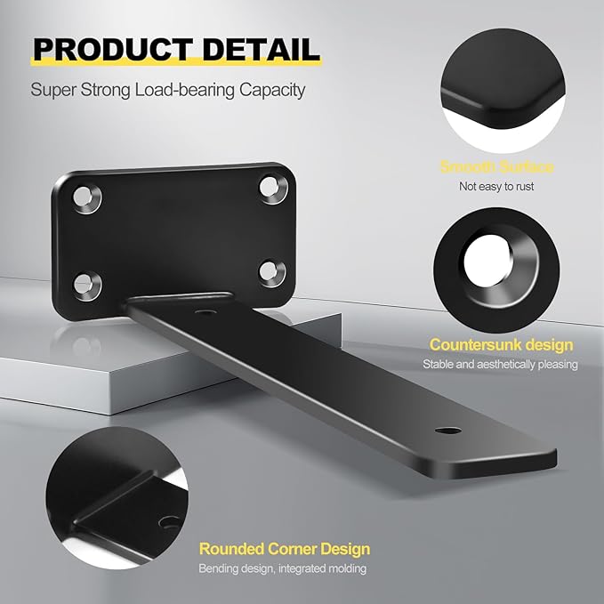 12 Pack - 10 inch Black Hidden L Shelf Bracket (1/5 Inch Thicked) Iron Floating Shelf Brackets Rustic Industrial Metal Brackets for Shelf Support