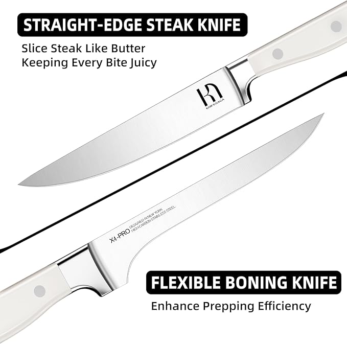 KnifeSaga Kitchen Knife Block Set, 15-Piece Enduring Ultra Sharp Knife Set, Japanese High Carbon Stainless Steel, Premium Forged Knives for Kitchen and Professional Chefs, White