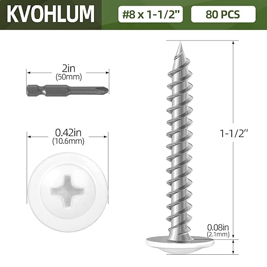 #8 x 1-1/2" (80 PCS) Modified Truss Head Wood Screws, Phillips Drive Quick Metal Self Tapping Screws, White Head, Full Thread, Screwdriver Bit Included