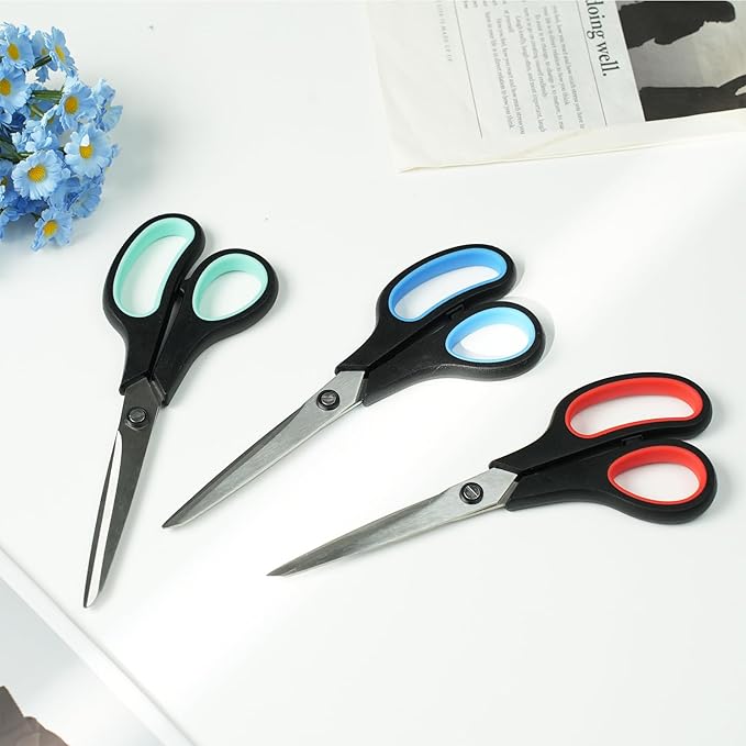 3-Pack 8" Heavy Duty Scissors with Ultra Sharp Blades and Comfort Grip Handles - For Office, Home, School, Sewing, and Crafts (Black Green/Black Red/Black Blue)