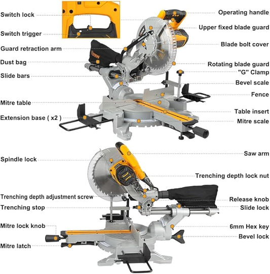 Hoteche 10-Inch Miter Saw 15A Sliding Compound Single Bevel Chop Saw with Laser Guide and TCT Saw Blade for Wood and Metal Working