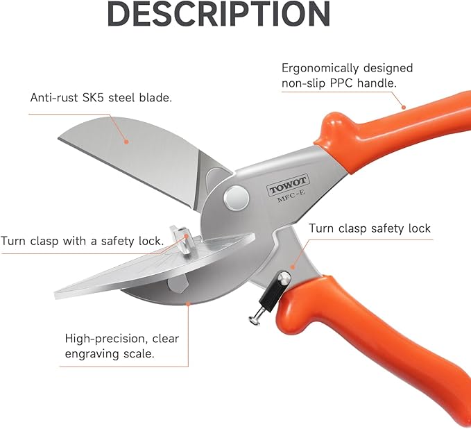 TOWOT Sharp Multi Angle Miter Shear Cutter, Adjustable at 45 To 135 Degree With Safety Lock Hand Tools for Cutting Plastic, PVC and Molding Trim
