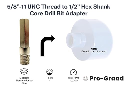Core Drill Bit Adapter 5/8"-11 Thread to 1/2" Hex Shank, 5/8-11 Male Drill Bit Adapter for Threaded Diamond Hole Saw Core Drill Bit (5/8"-11 Thread to 1/2" Hex Shank, 1)