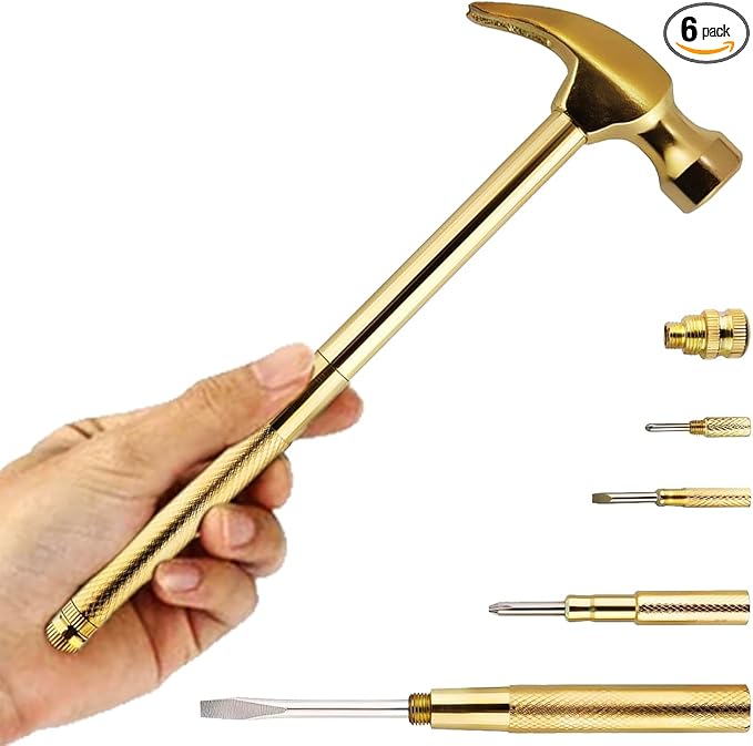 6 in 1 Mini Hammer Brass Hammer with Screwdriver Hand Tools Multifunction Jewelers Hammer Copper Hammer for Repair Mobile Phones, Laptops, Watches, Glasses, Camera,Tablet (Gold)