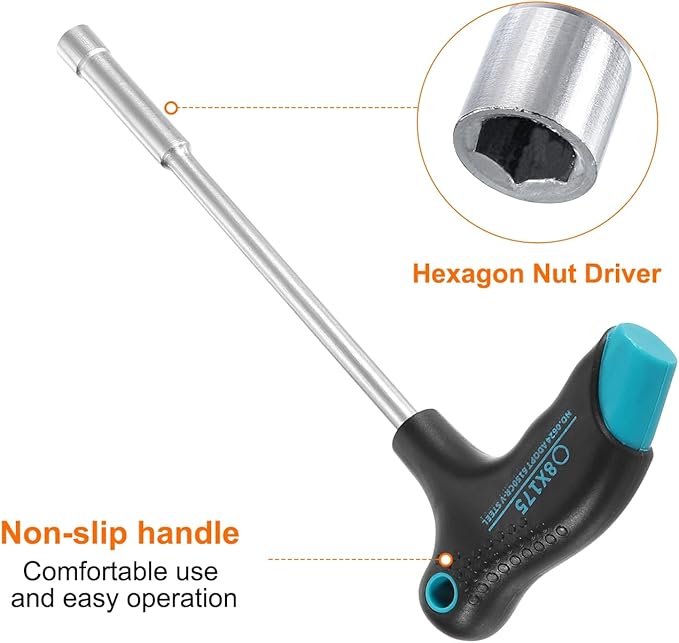 HARFINGTON T-Handle Metric Nut Driver 12mm Dia 175mm Shank 6 Point Hex Socket Screwdriver with Non-Slip Handle for Tightening and Loosening Fasteners