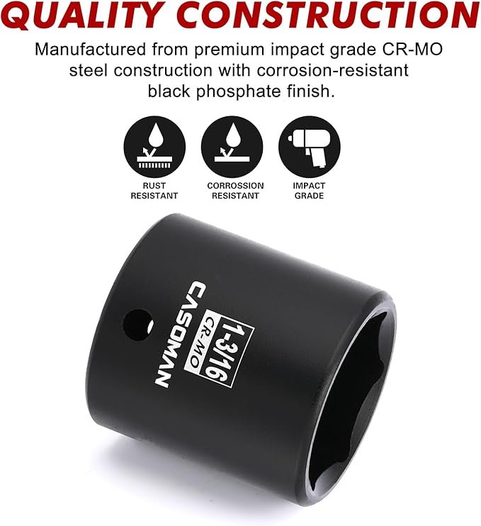 CASOMAN 1/2" Drive x 1-3/16" Impact Socket, 6-Point, SAE, CR-MO