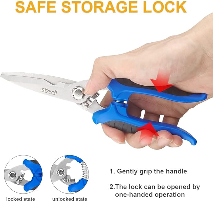 stedi Multipurpose Heavy Duty Scissors, High Carbon Stainless Steel Shears with Fine Serrated Blades Easy to Cut Cable Notches,Non-Slip Comfort Handle, Cuts Wire, Carton,for Household Pruning, Office