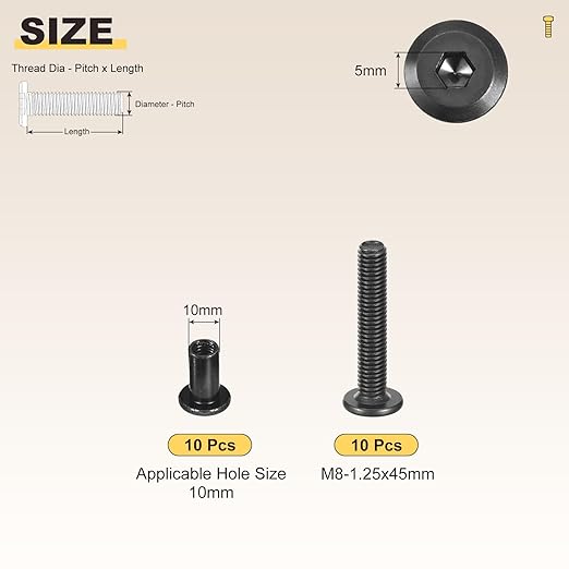 METALLIXITY Furniture Crib Screws Replacement Set(M8-1.25x45mm) 20Pcs, Galvanization Connector Bolts M8 Screw Barrel Nuts Binding Screws, for Chair Cabinet Bed, Black