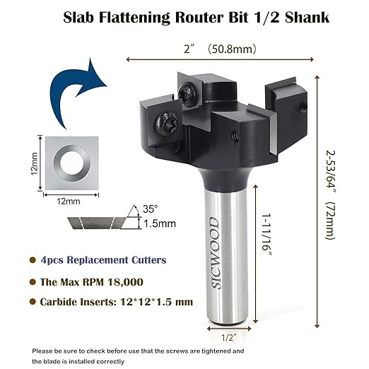 Slab Flattening Router Bit 1/2 Shank, 4-Flute 2" Cutting Dia, Insert Carbide CNC Spoilboard Surfacing Router Bit, Wood Planer Planing Bit for Flycutter/ Slab Leveler/ Rabbeting by SICWOOD