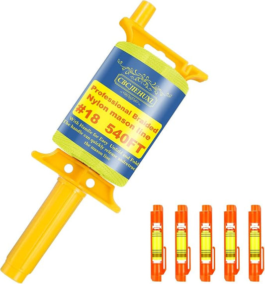 Mason Line with Handle #18, 540 Ft String, with 5 Built-in Levels and Spool Fluorescent String Line, Braided Nylon String for Gardening or Masonry Tools, Construction Twine for Outdoor Projects