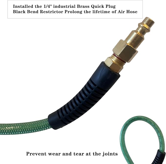 Air Hose 1/4 in x 100 ft, Polyurethane(PU), Reinforced Air Compressor Hose, Lightweight, Kink Resistant with 1/4??Industrial High Flow Quick Coupler and Plug, Bend Restrictors,300 PSI (100FT, Green)