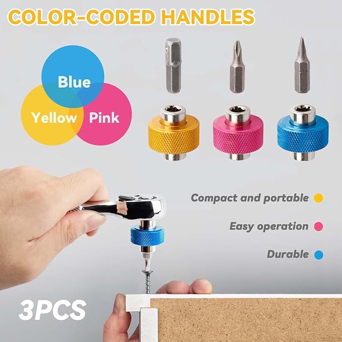 Yakamoz 3Pcs 1/4?쇺?Stubby Screwdriver Set - 2 in 1 Mini Screwdriver with Phillips Slotted Bit and Square Drive Adapter Multi-functional Finger Bit Driver Nut Driver for Tight Spaces (Pink/Blue/Yellow)