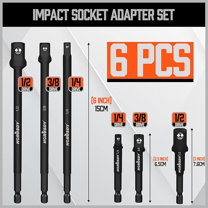 HORUSDY 6-Piece Impact Sockets Adapter Sets, 3-Inch and 6-Inch Hex Shank 1/4" 3/8" 1/2"