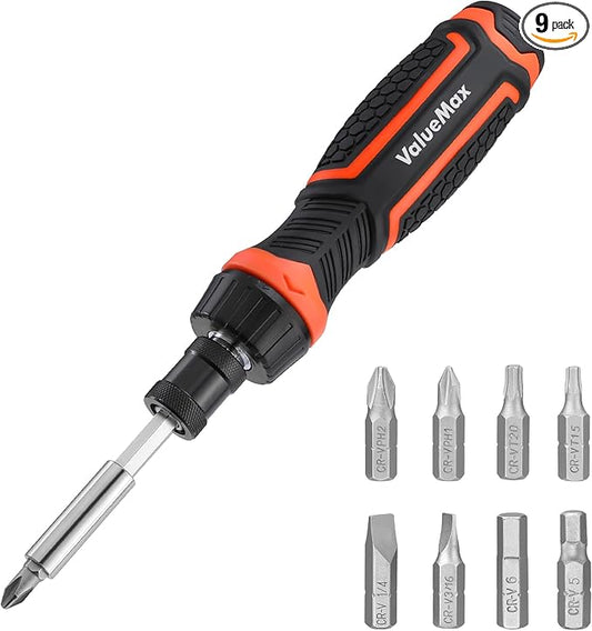 Valuemax Ratcheting Screwdriver, 9-In-1 Multi Screwdriver, Portable Ratchet Screwdriver Set, Adjustable Length, High-Strength Bits, Phillips, Slotted, Torx, Hex, Nut Driver