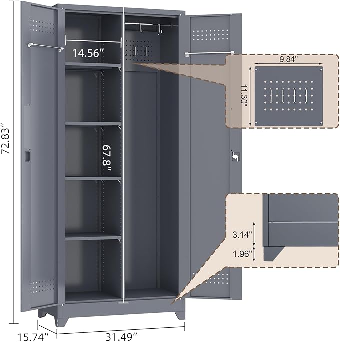 GREATMEET 72.8" Broom Storage Cabinet竊똌etal Storage Cabinets for Cleaning Supplies with Pegboard, Utility Closet, Broom Mop Cabinet, Grey