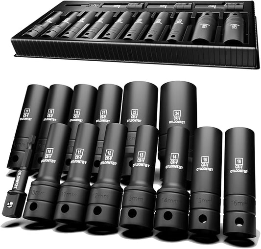 14-Piece 1/2-Inch Super-Rugged and Durable Impact Socket Set, Well-Made Industrial Grade Thicker Metric Deep Sockets & Socket Sets with Drill Socket Adapter 1/2 Drive, exceed than ANSI