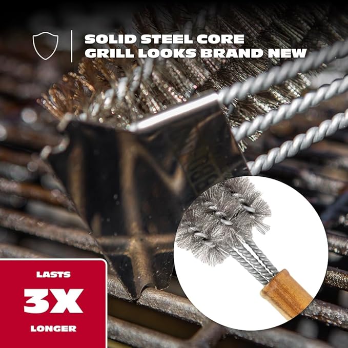 BBQ-AID All Angles BBQ Grill Brush for Outdoor Grill ??Cleans All Angles, Large Wooden Handle, and Stainless Steel Bristles - BBQ Brush for Grill Cleaning ??Grill Cleaner Brush Safe for BBQ and Grill