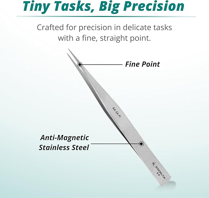 Excelta Straight Medium Point Tweezers, Anti-Magnetic Stainless Steel, Ideal for General Purpose Use, 5??Length, Intermediate