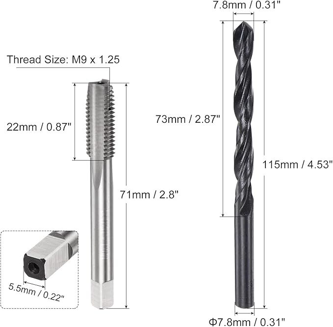 uxcell Metric Tap and Drill Bit Set, M9 x 1.25 Thread Tap & 7.8mm Black Oxide Twist Drill Bit, Straight Flute Tap Tapping Threading Repair Tool Kit