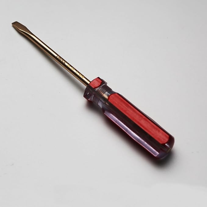 Non-Sparking 1/4 Inch Flat Slotted Screwdriver with Impact Handle, 4 Inch Working Length, Beryllium Bronze Copper Spark Free Safety, non-magnetic and corrosion-resistant, Non Spark